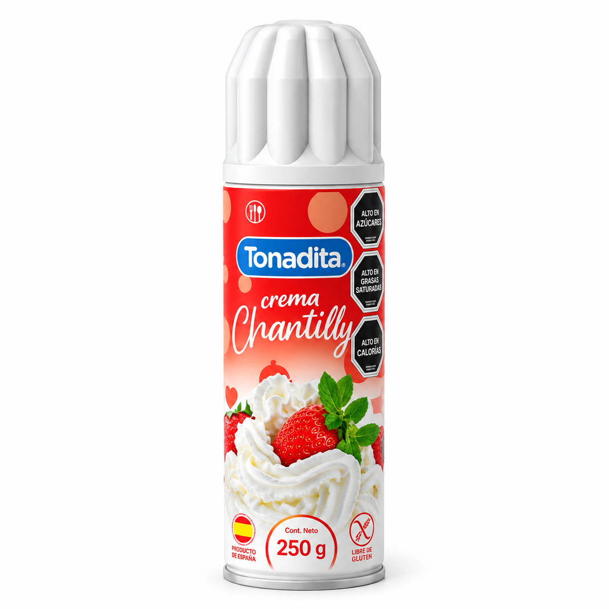 Crema Chantilly Tonadita aerosol 250 gramos, fotografía frontal sobre fondo blanco